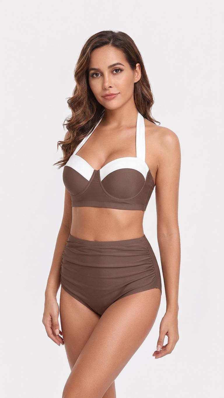 Retro Sweetheart High-Waist Bikini, 1960s-Inspired Pin Up Halter Swimsuit, Brown & Ivory