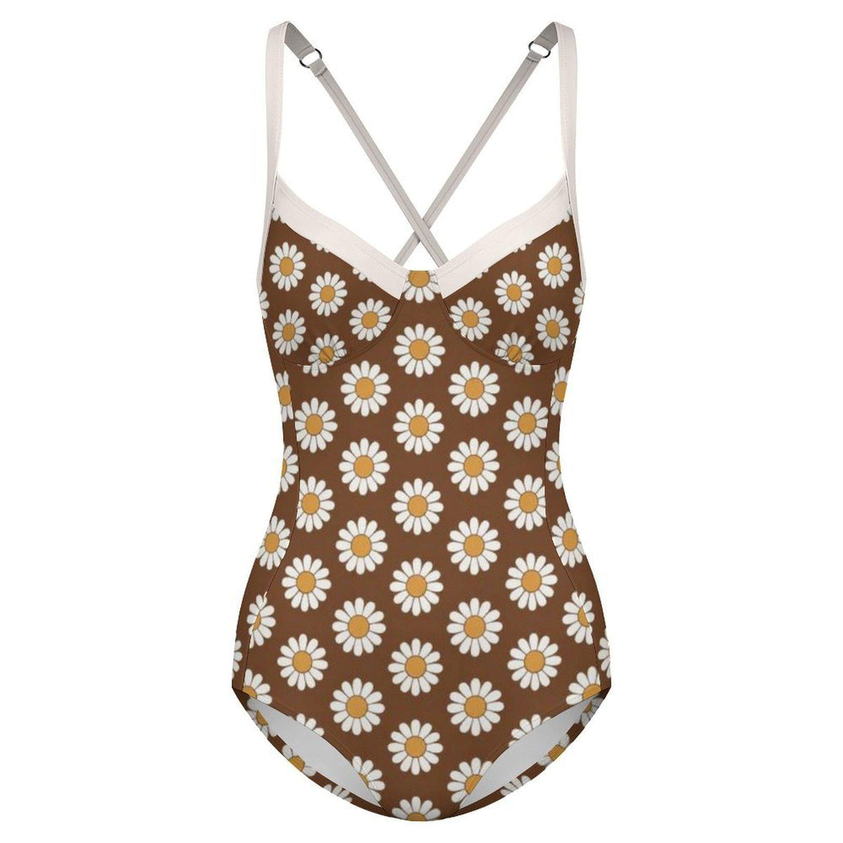 Retro Romantic Push-Up One-Piece Swimsuit with Lace-Up Back, Brown Vintage Boho Florals