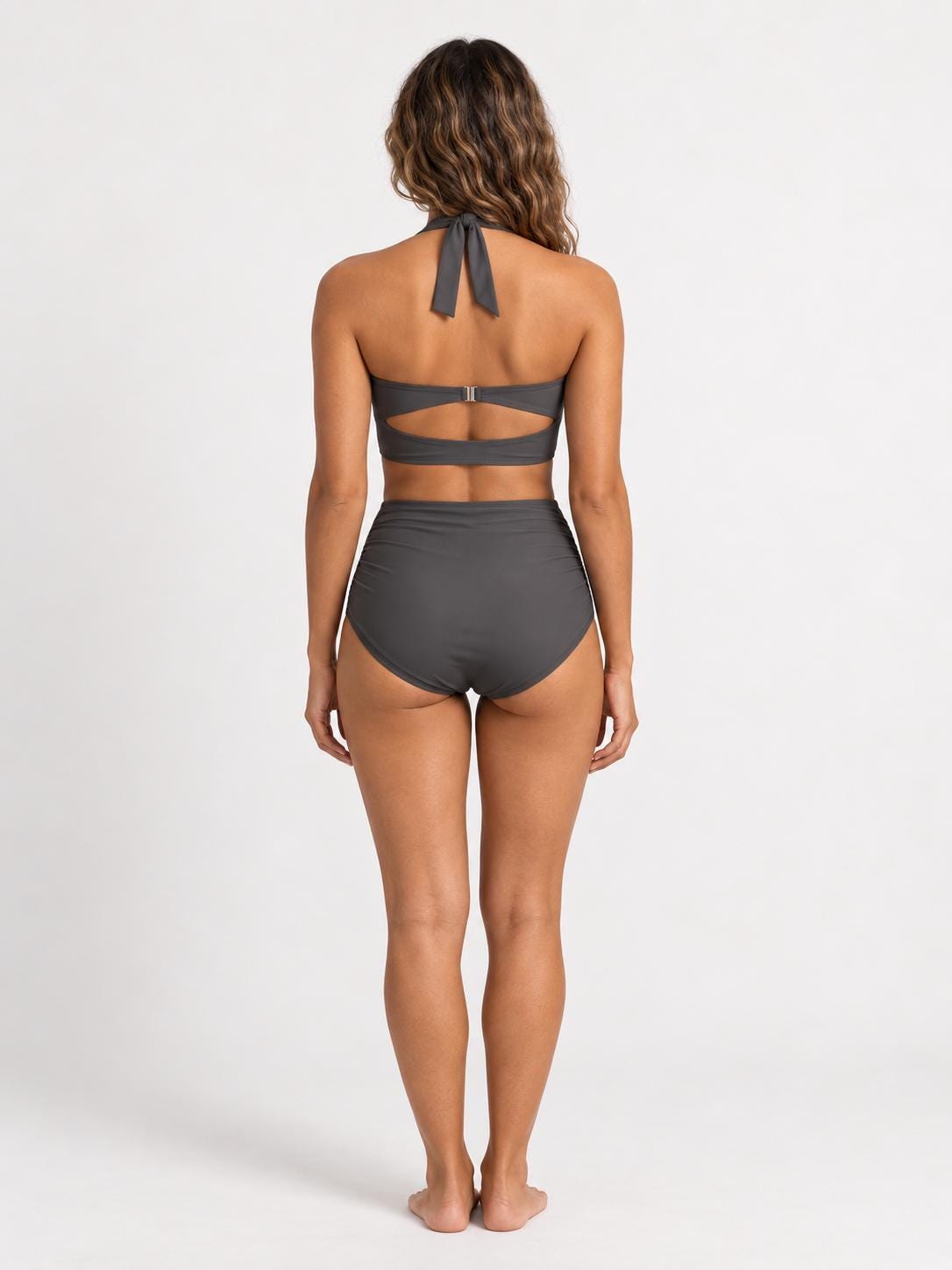 Retro Halter Sweetheart High-Waisted Bikini | Ruched Pin-Up Swimsuit | Charcoal