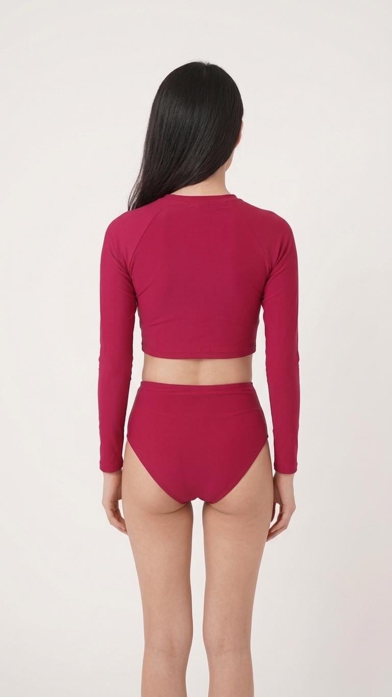 Retro Sporty Swimsuit - Long-Sleeve Crop-Top & High-Waist Bikini Bottom Set - Burgundy