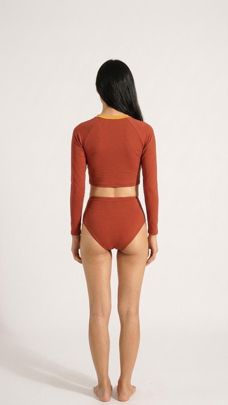 Retro Sporty Swimsuit - Long-Sleeve Crop-Top & High-Waist Bikini Bottom Set - Terracotta
