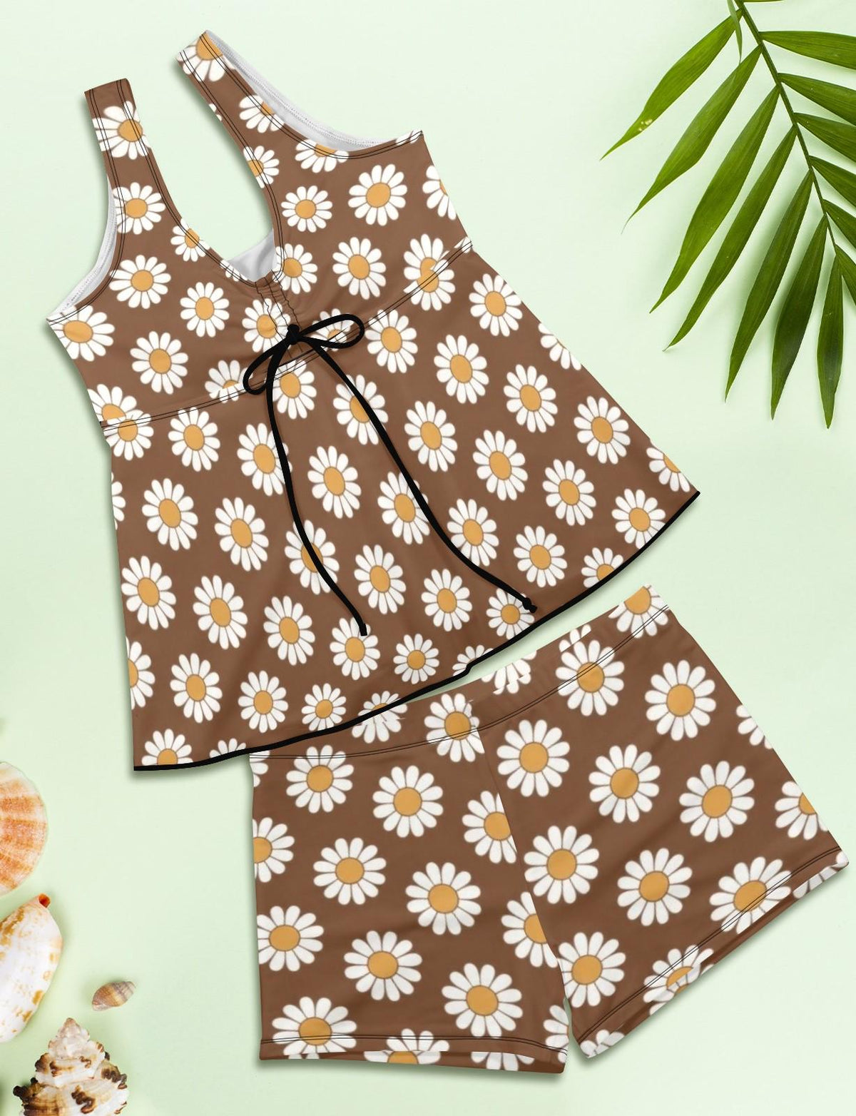 Boho Drawstring Tankini Two-Piece Swimsuit with Swim Shorts, Retro Floral Daisy Print
