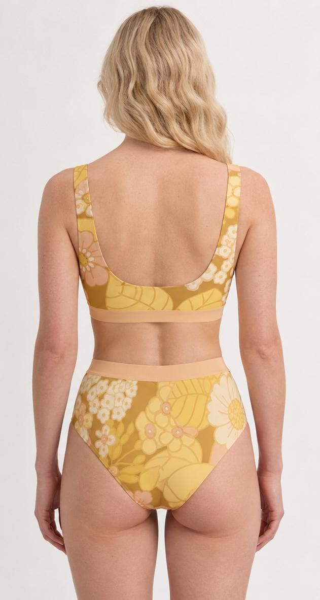 Sporty Sexy Bikini – High-Waist High-Leg Swimsuit, Scoop-Neck Crop-Top, Boho Ochre Vintage Florals