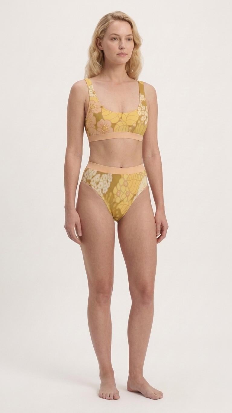 Sporty Sexy Bikini – High-Waist High-Leg Swimsuit, Scoop-Neck Crop-Top, Boho Ochre Vintage Florals