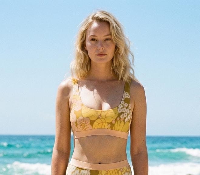 Sporty Sexy Bikini – High-Waist High-Leg Swimsuit, Scoop-Neck Crop-Top, Boho Ochre Vintage Florals