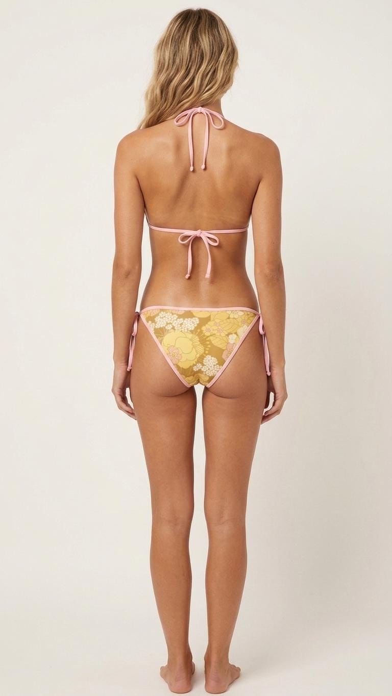 Vintage-Inspired Halter Triangle Bikini – Retro 1970s Floral Boho Print in Ochre, Pink Trim