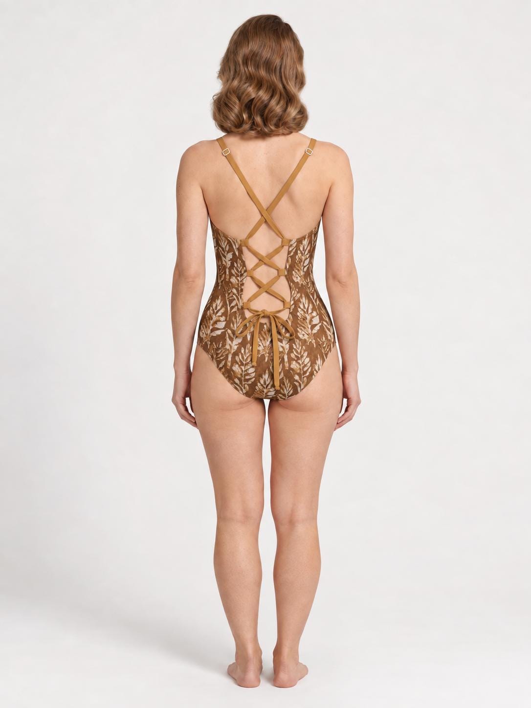 Retro Romantic Push-Up One-Piece Swimsuit, Lace-Up Back, Boho Faux-Batik Autumn Lake House Foliage