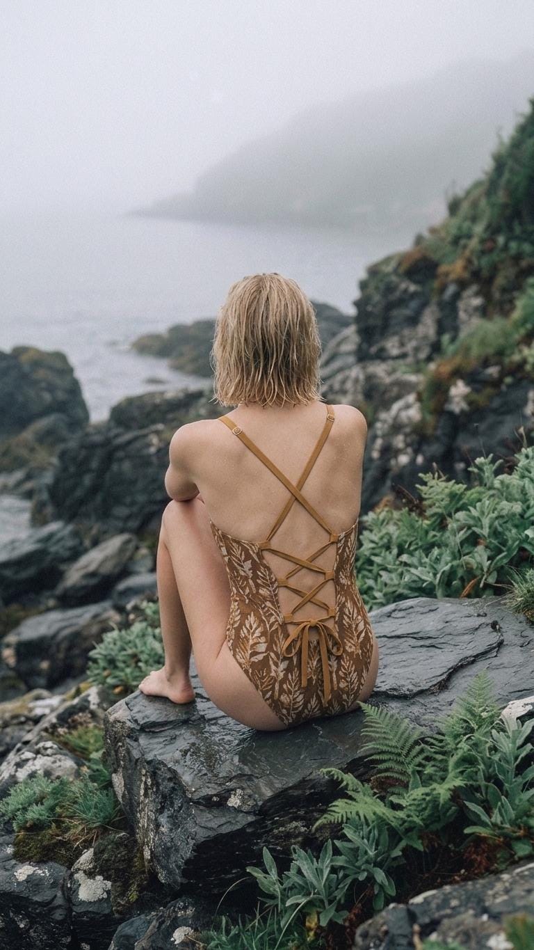 Retro Romantic Push-Up One-Piece Swimsuit, Lace-Up Back, Boho Faux-Batik Autumn Lake House Foliage