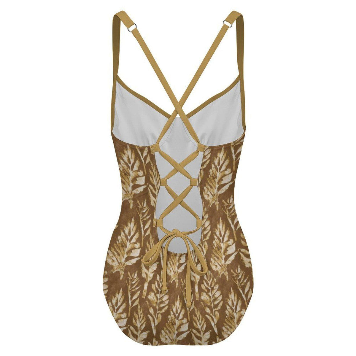 Retro Romantic Push-Up One-Piece Swimsuit, Lace-Up Back, Boho Faux-Batik Autumn Lake House Foliage