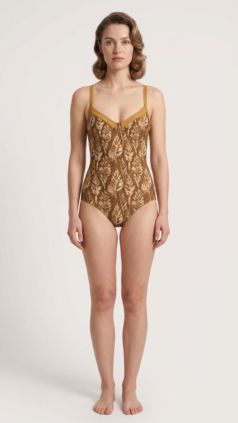 Retro Romantic Push-Up One-Piece Swimsuit, Lace-Up Back, Boho Faux-Batik Autumn Lake House Foliage
