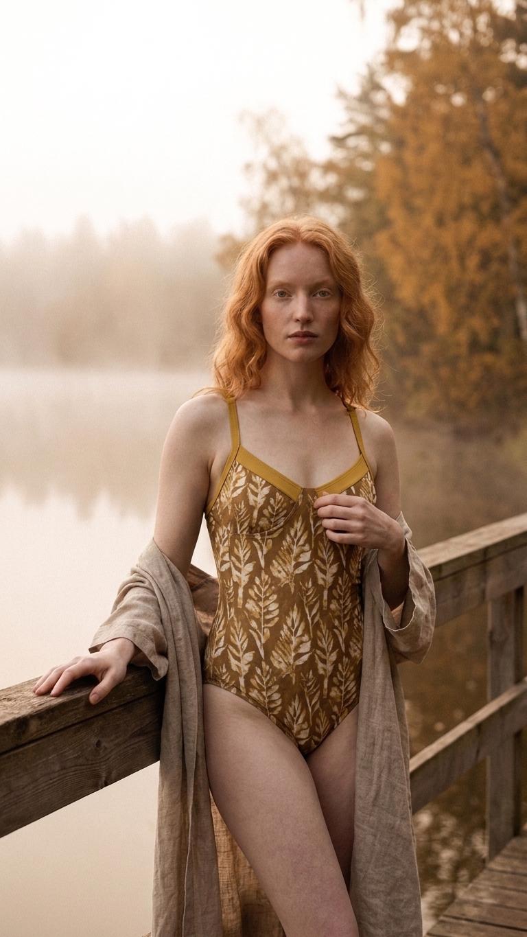Retro Romantic Push-Up One-Piece Swimsuit, Lace-Up Back, Boho Faux-Batik Autumn Lake House Foliage