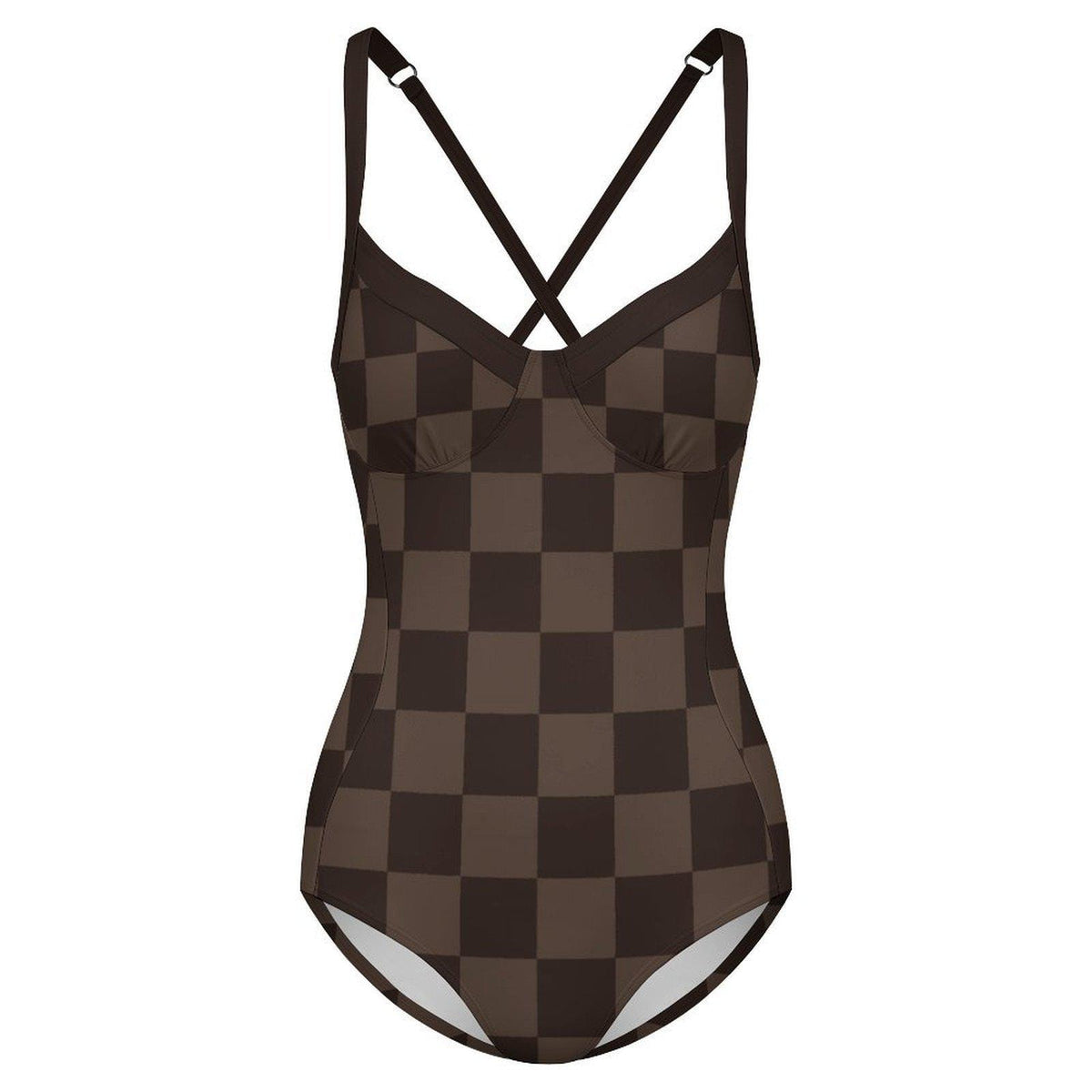 Retro Romantic Autumn Lake House Push-Up One-Piece Swimsuit, Lace-Up Back, Espresso Checkerboard