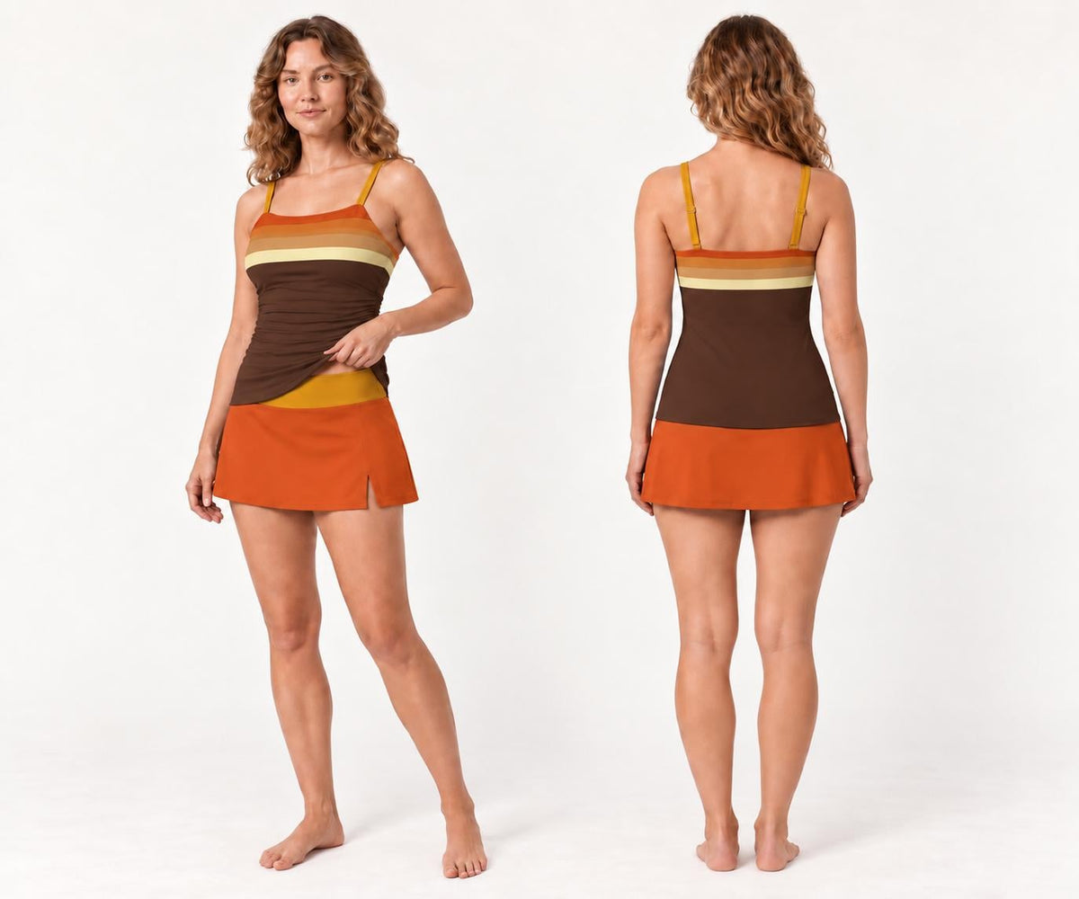 Retro Tankini 3-Piece Swim Set - Top, Skirt & Bikini Bottoms - Vintage Boho 1970s Brown Striped