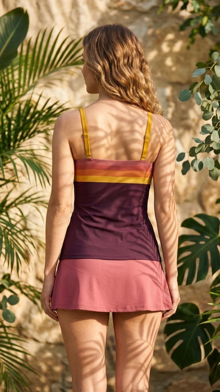 Retro Tankini 3-Piece Swim Set - Top, Skirt & Bikini Bottoms - Vintage Boho 1970s Purple Striped