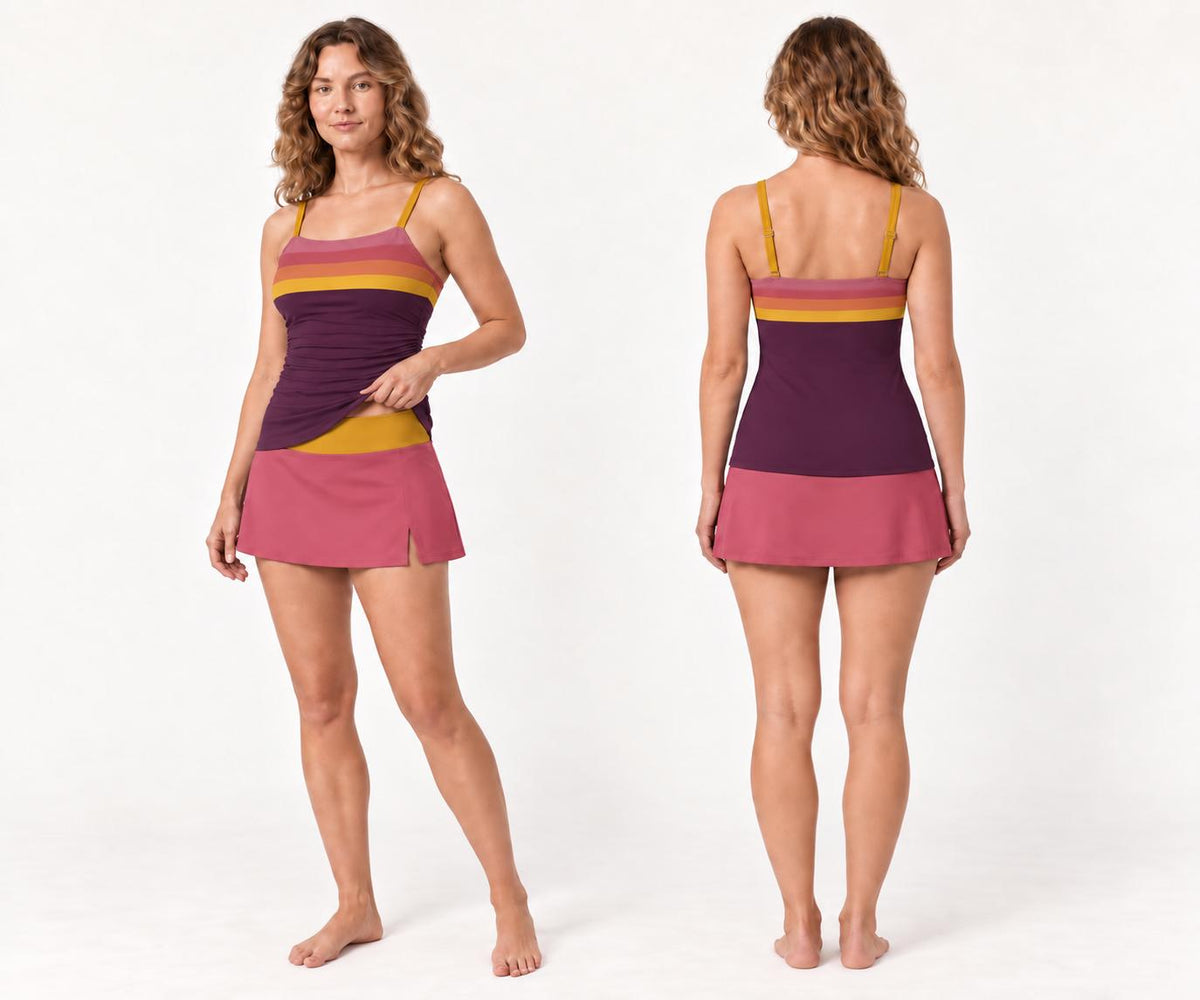 Retro Tankini 3-Piece Swim Set - Top, Skirt & Bikini Bottoms - Vintage Boho 1970s Purple Striped