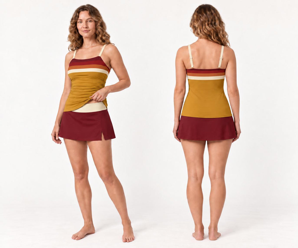 Retro Tankini 3-Piece Swim Set - Top, Skirt & Bikini Bottoms - Vintage Boho 1970s Ochre Striped