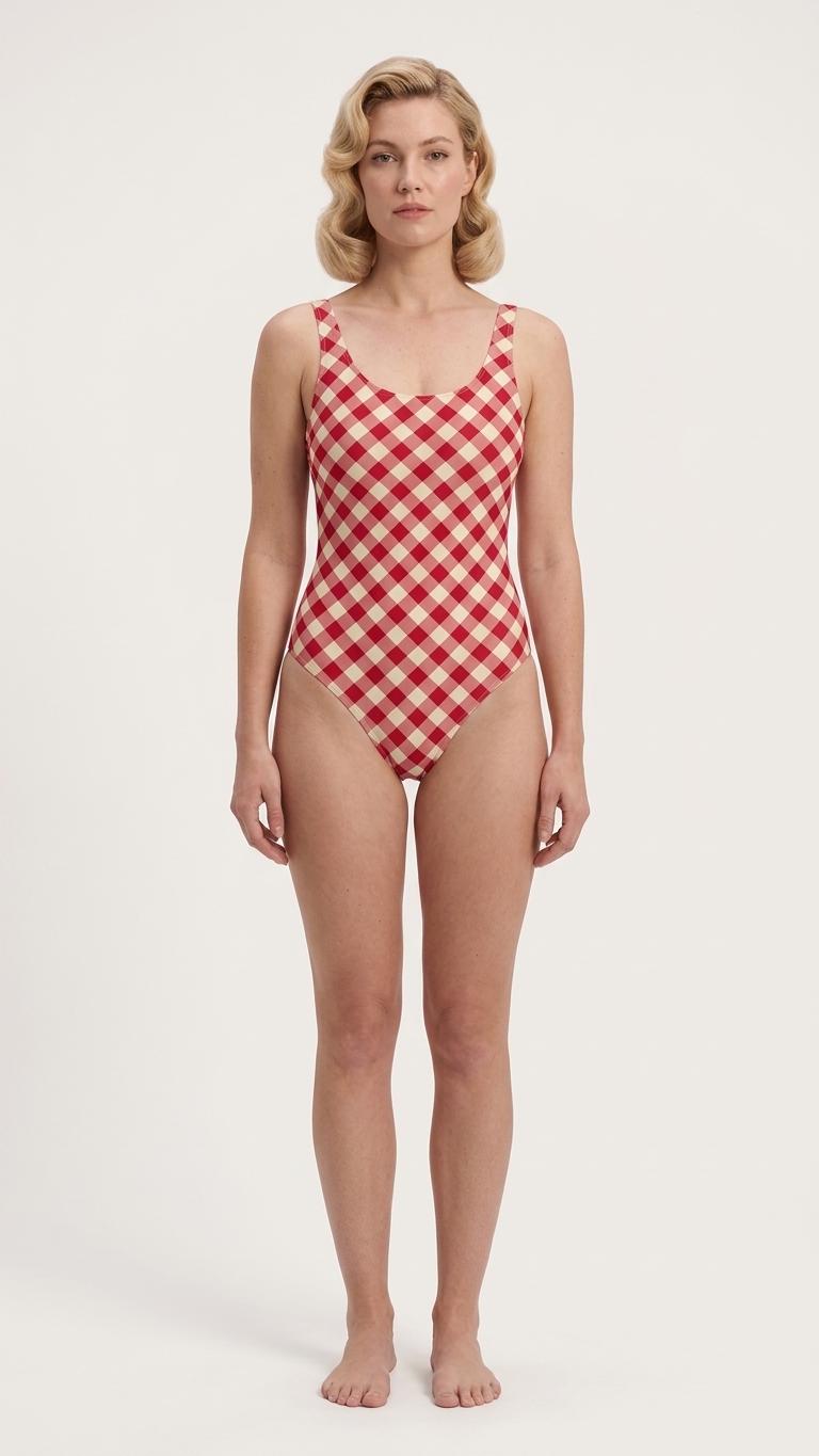 Classic Gingham Checks Backless One-Piece Swimsuit | High-Cut, Scoop-Neck Swimwear