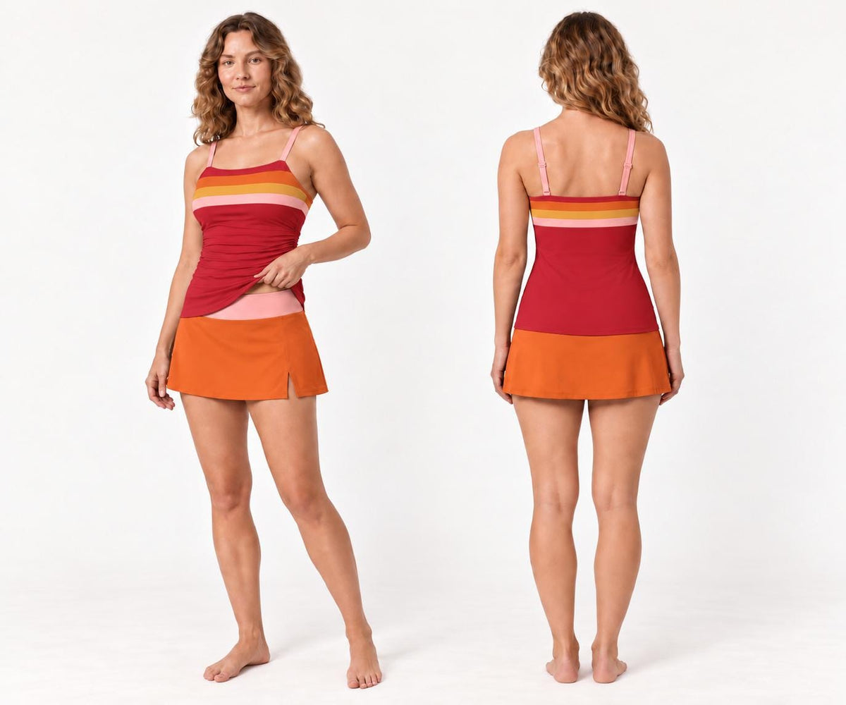 Retro Tankini 3-Piece Swim Set - Top, Skirt & Bikini Bottoms - Vintage Boho 1970s Red Striped