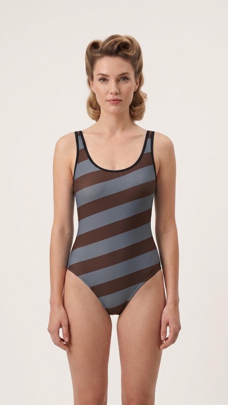 Striped Tank-Style Swimsuit – Retro Sporty One-Piece – Black Trim, Active Fit – Wine & Blue