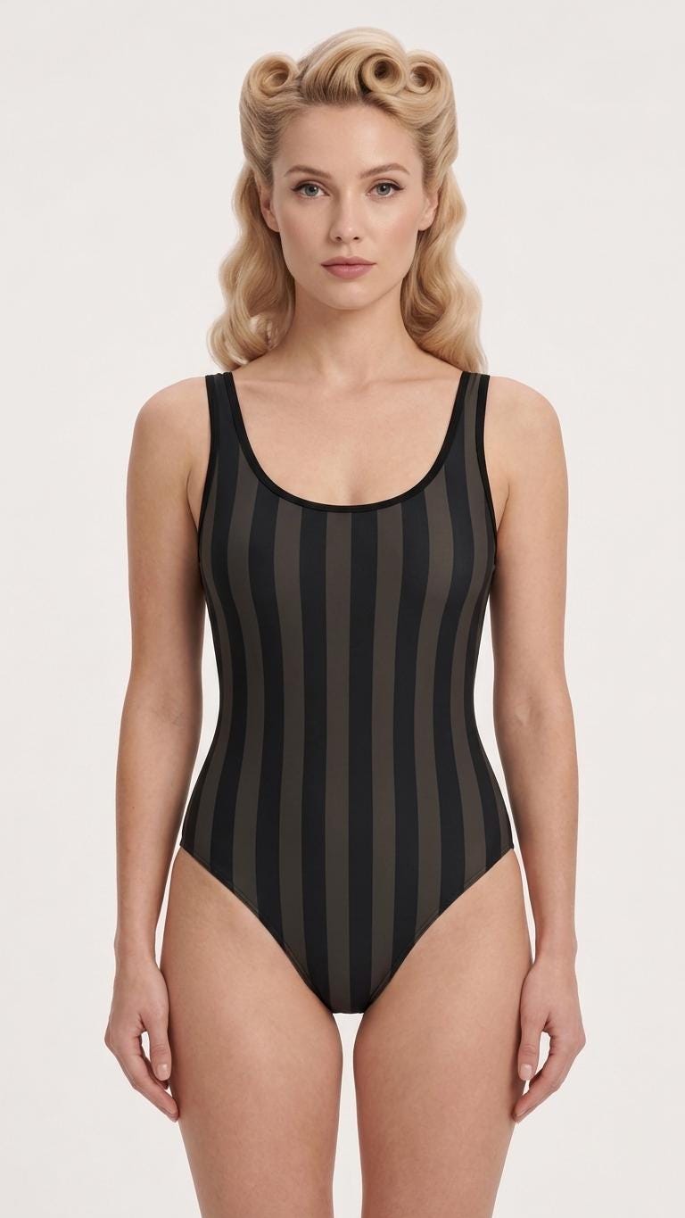 Country Chic Retro Charcoal Striped One-Piece Swimsuit - Cottagecore Tank-Style Active Bathing Suit