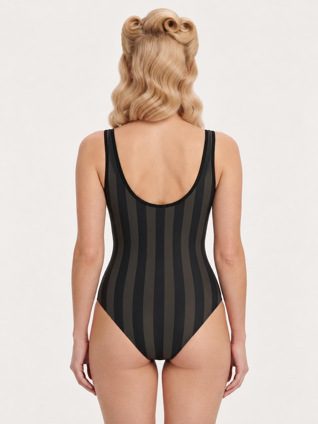 Country Chic Retro Charcoal Striped One-Piece Swimsuit - Cottagecore Tank-Style Active Bathing Suit