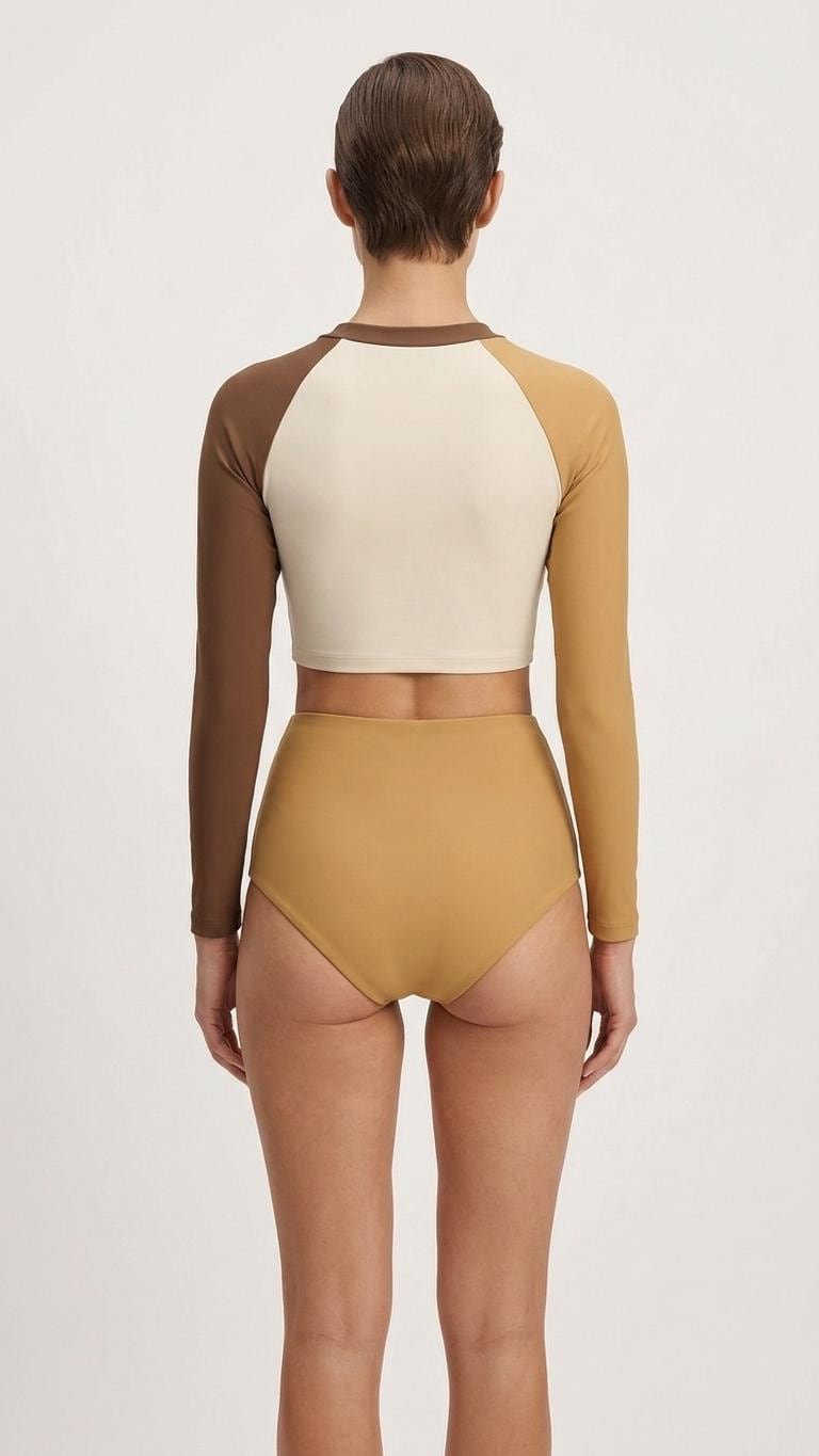 Retro Fall Lakehouse Long-Sleeve Rash-Guard Bikini | Two-Piece Swimsuit with High-Waisted Bottoms | Browns