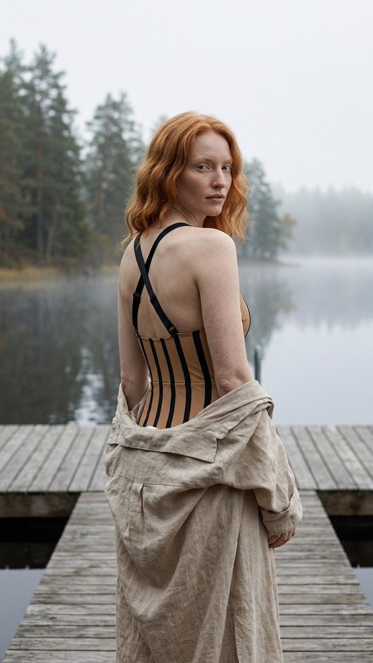 Retro Swim Dress, Modest One-Piece with Integrated Bottoms, Striped Brown