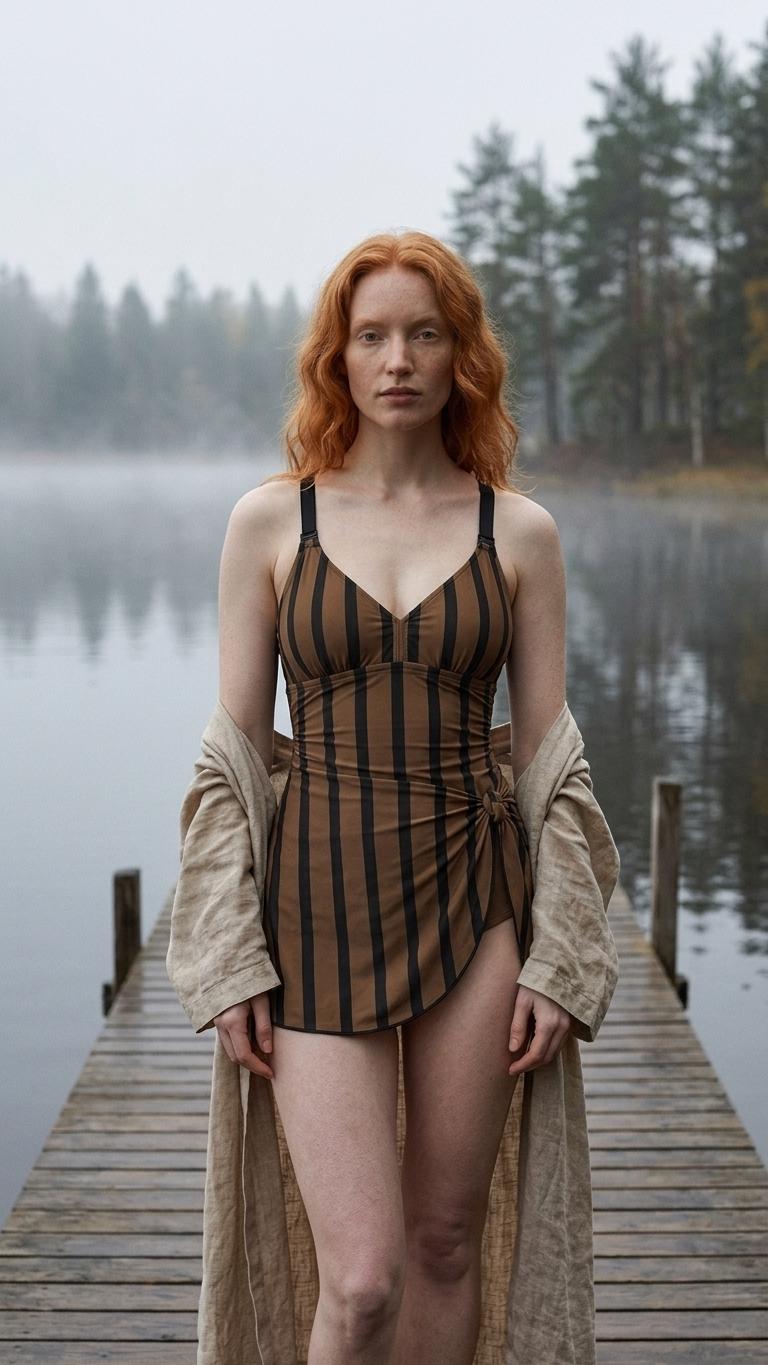 Retro Swim Dress, Modest One-Piece with Integrated Bottoms, Striped Brown