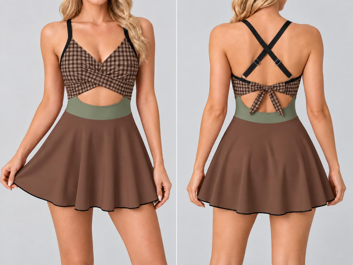 Skirted One-Piece Swimsuit with Cut-Out Detail | Integrated Bottoms | Brown Vintage Midcentury Fall Lakehouse Plaid