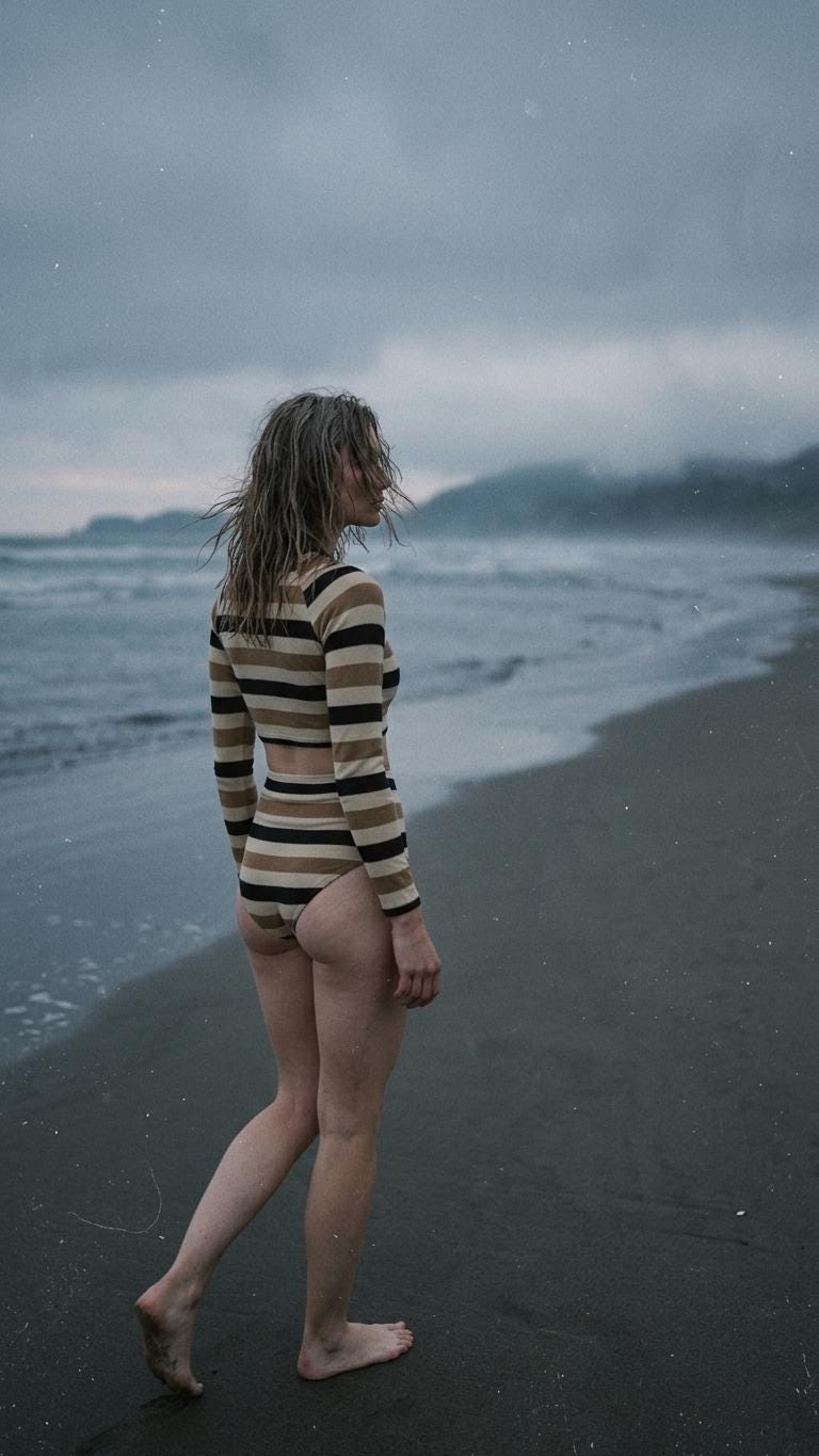 Retro Fall Lakehouse Long-Sleeve Rash-Guard Bikini | Two-Piece Swimsuit with High-Waisted Bottoms | Striped Browns