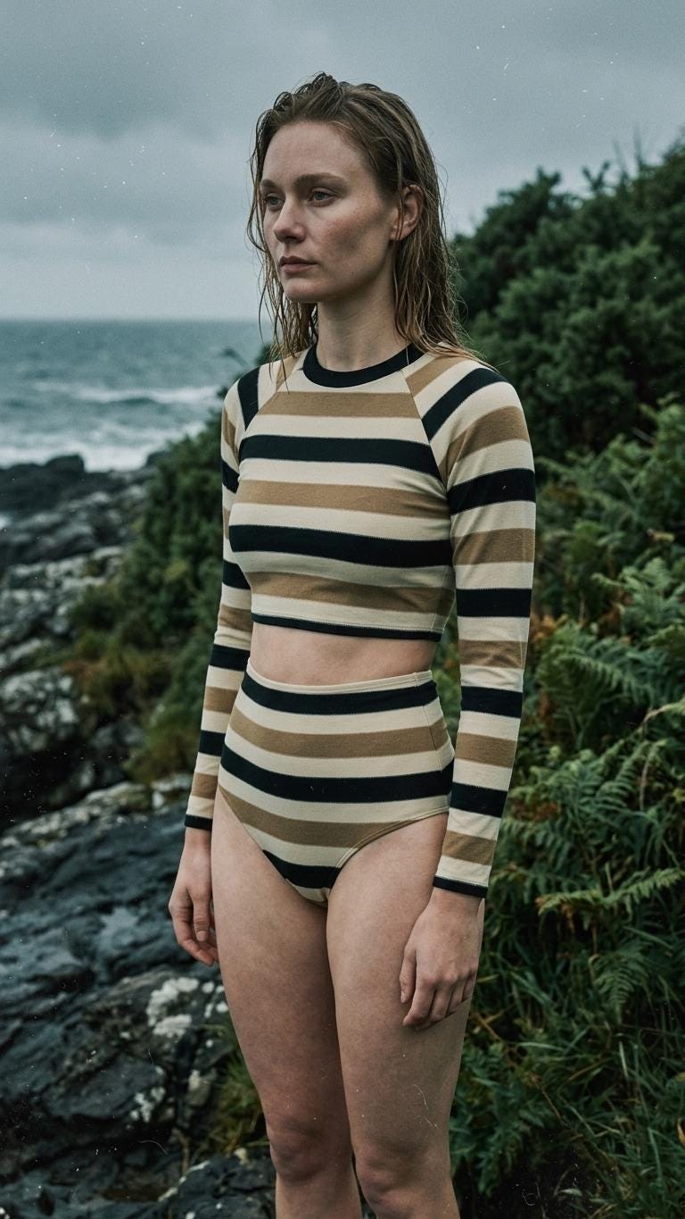 Retro Fall Lakehouse Long-Sleeve Rash-Guard Bikini | Two-Piece Swimsuit with High-Waisted Bottoms | Striped Browns