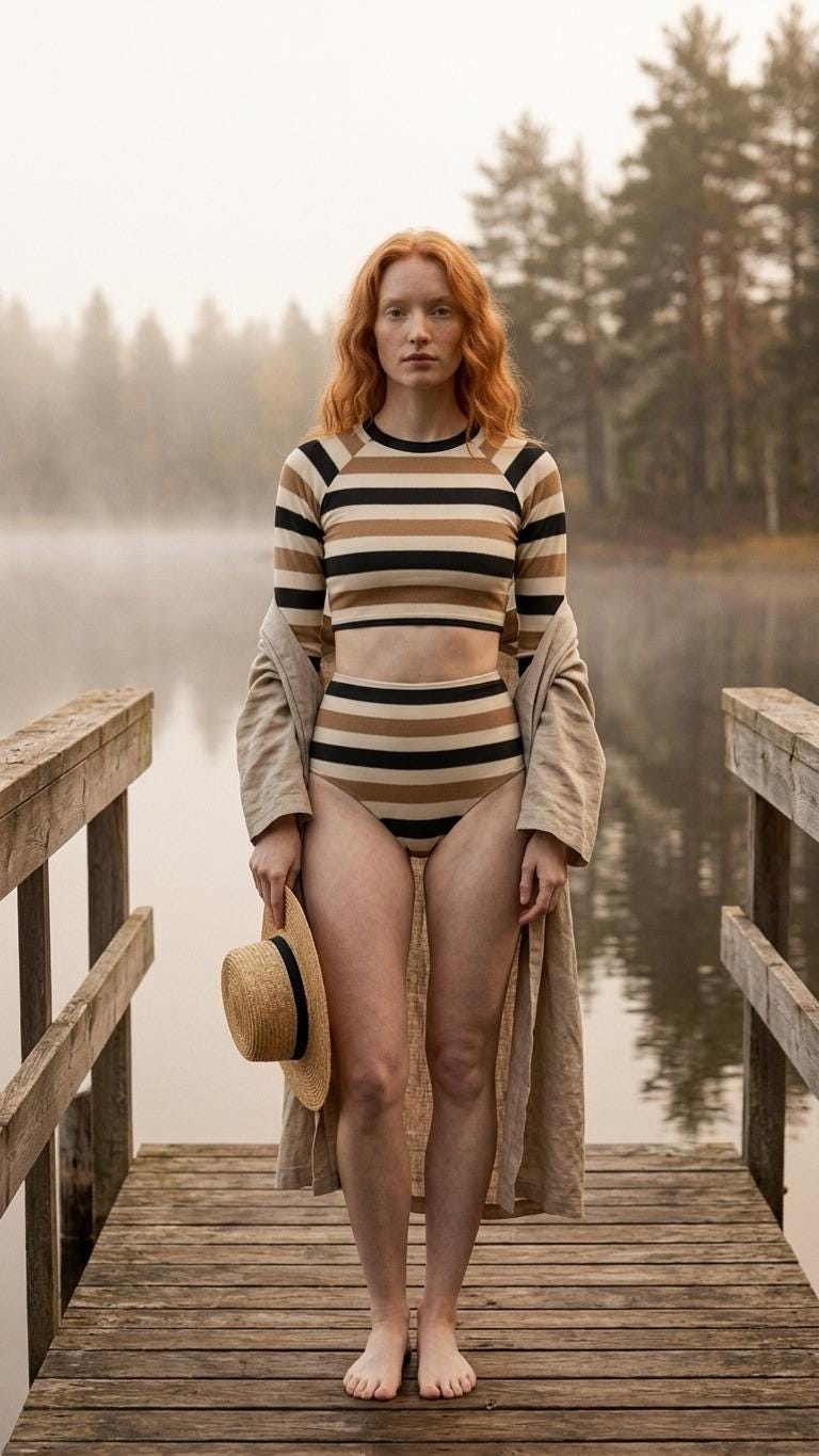 Retro Fall Lakehouse Long-Sleeve Rash-Guard Bikini | Two-Piece Swimsuit with High-Waisted Bottoms | Striped Browns