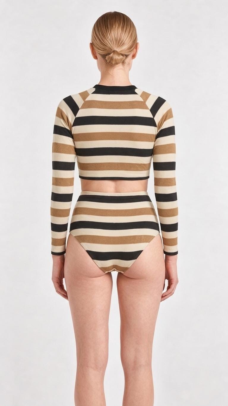 Retro Fall Lakehouse Long-Sleeve Rash-Guard Bikini | Two-Piece Swimsuit with High-Waisted Bottoms | Striped Browns