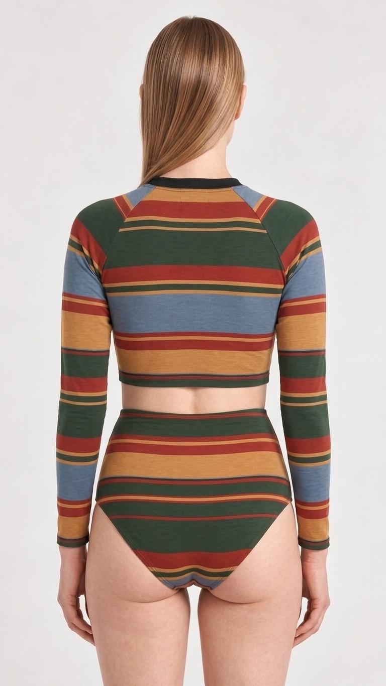 Retro Fall Lakehouse Long-Sleeve Rash-Guard Bikini | Two-Piece Swimsuit with High-Waisted Bottoms | Striped Multicolour