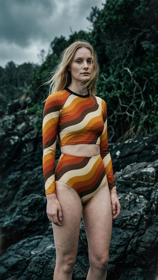 Retro Fall Lakehouse Long-Sleeve Rash-Guard Bikini | Two-Piece Swimsuit with High-Waisted Bottoms | 1970s Stripes