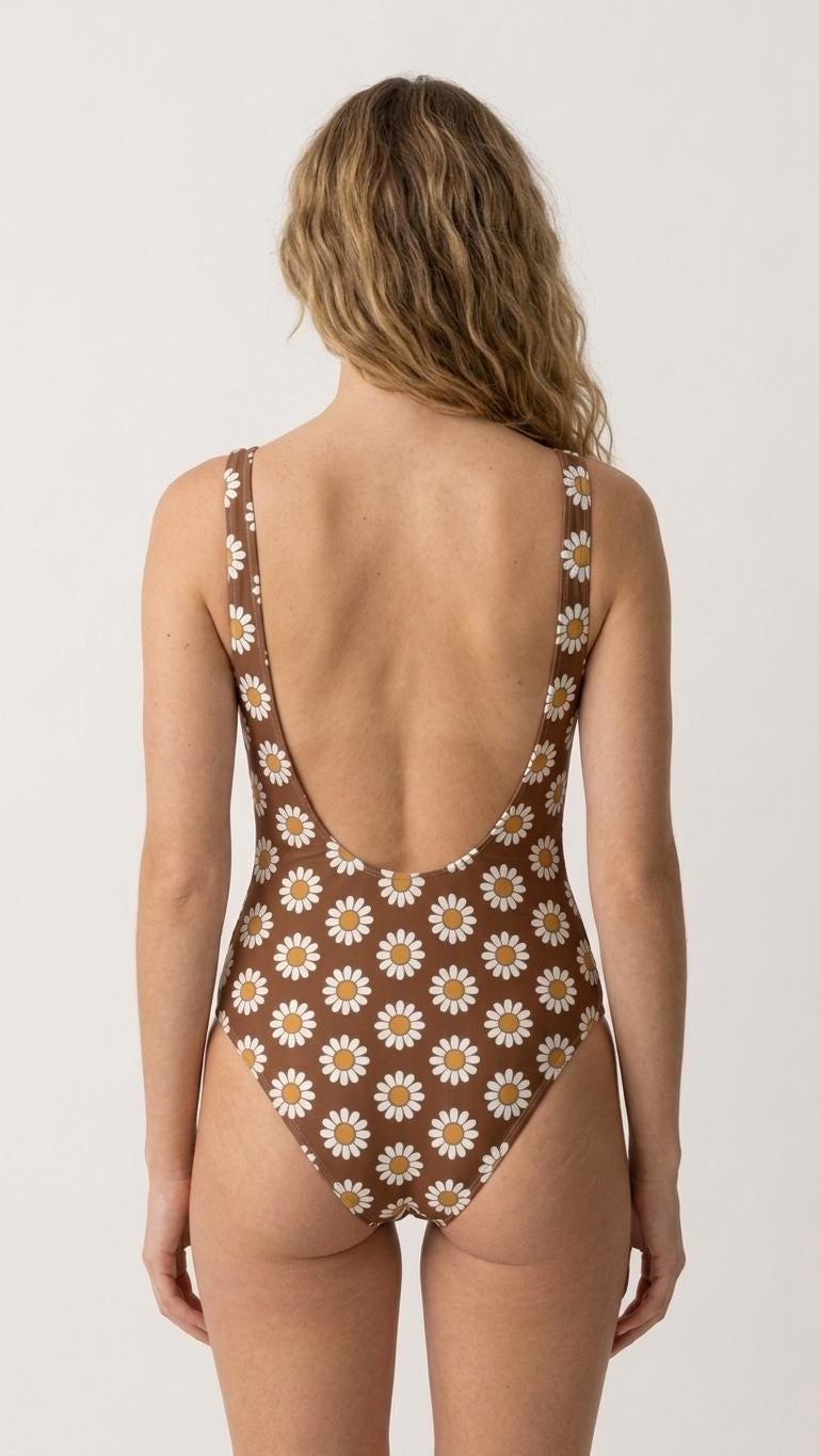 Vintage-Inspired Classic One-Piece Swimsuit, Floral Bathing Suit, Low Scoop Back, 1970s Boho Flowers
