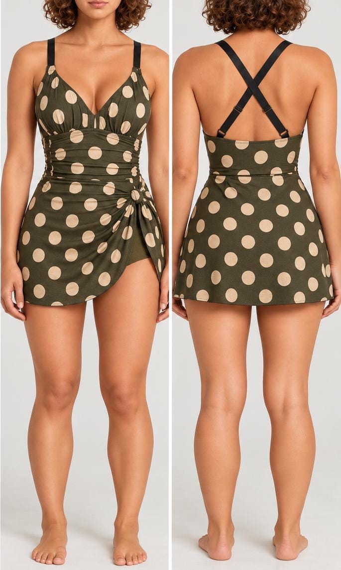 Retro Swim Dress, Modest One-Piece with Integrated Bottoms, Dark Olive Green Polka-Dot