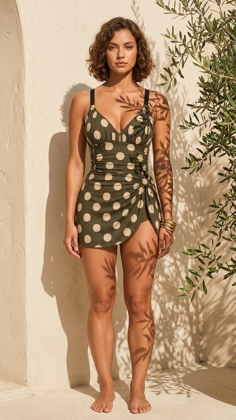 Retro Swim Dress, Modest One-Piece with Integrated Bottoms, Dark Olive Green Polka-Dot