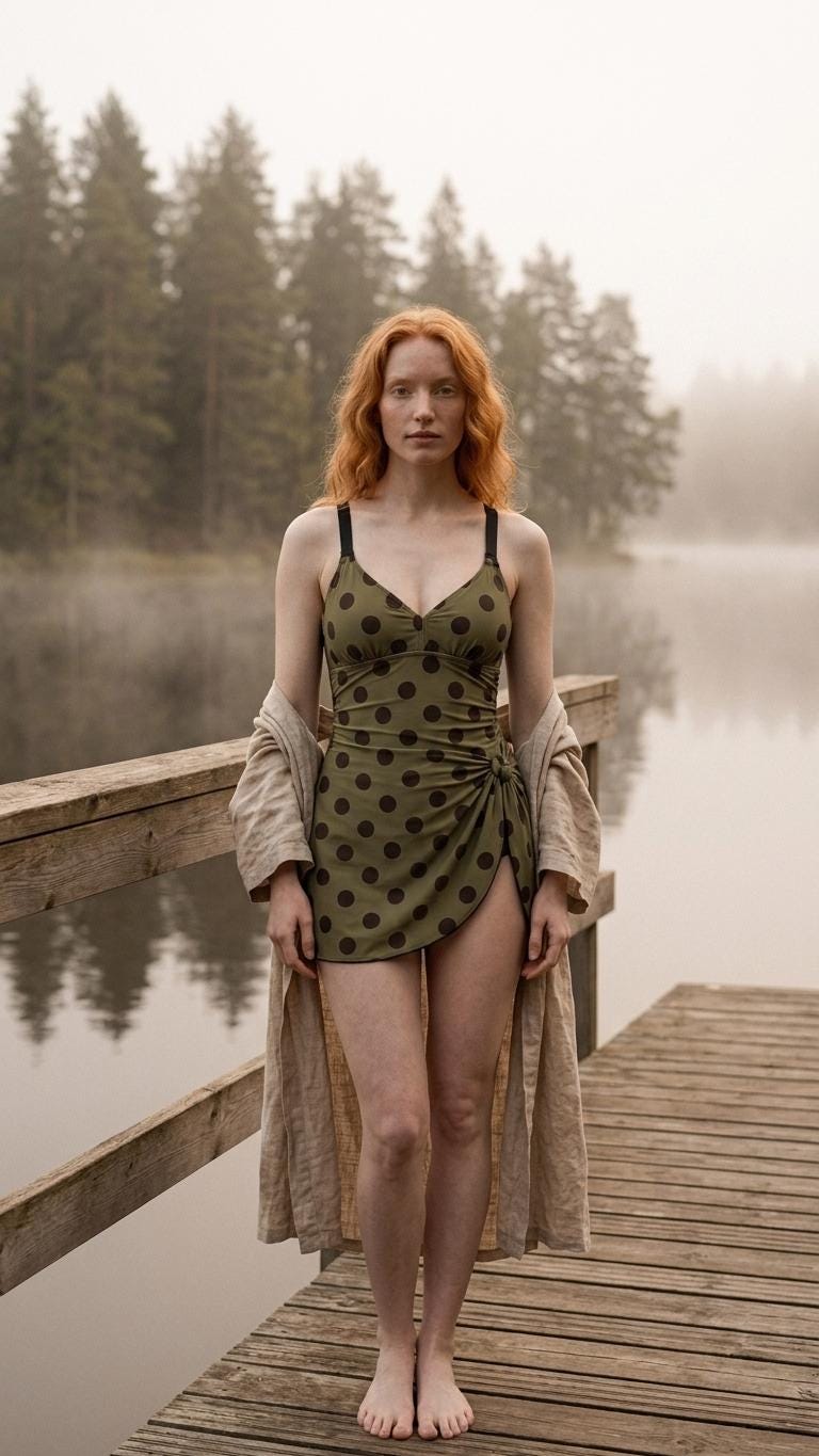 Retro Swim Dress, Modest One-Piece with Skirt & Integrated Bottoms, Olive Polka-Dot