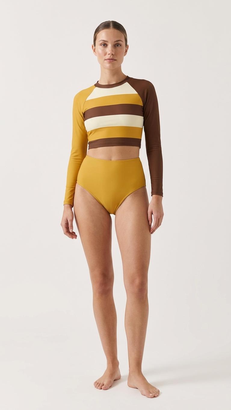 Brown & Mustard Mod-Style Sixties-Inspired Two-Piece Swimsuit, Retro Long Sleeve Crop Rash Guard