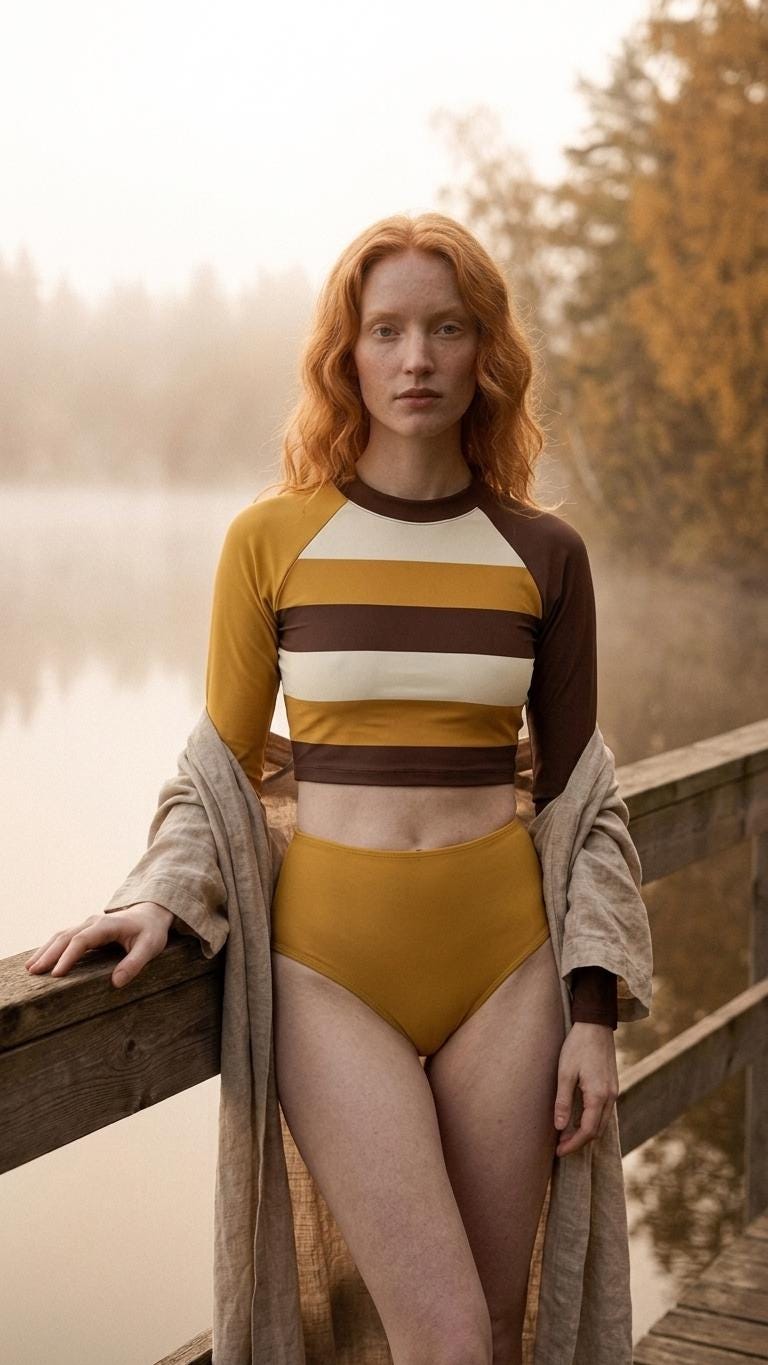 Brown & Mustard Mod-Style Sixties-Inspired Two-Piece Swimsuit, Retro Long Sleeve Crop Rash Guard