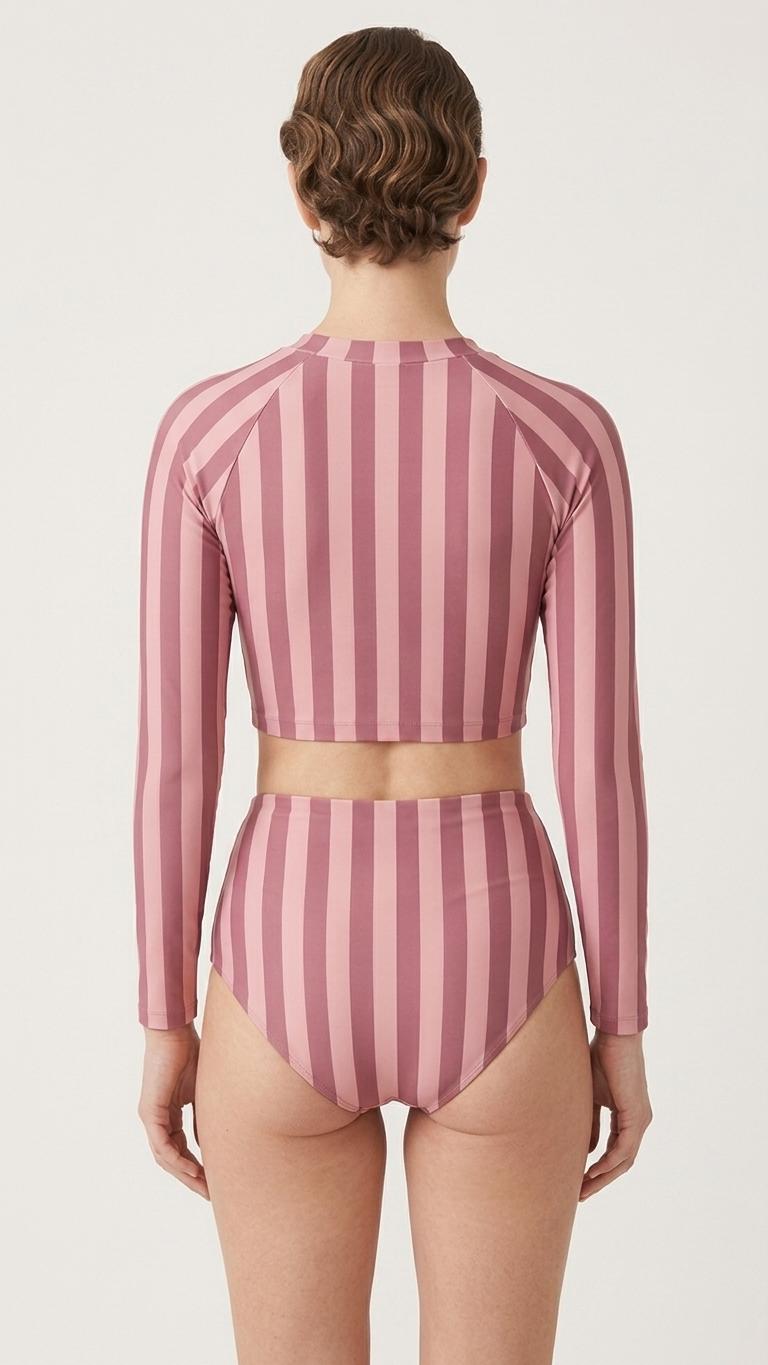 Mauve Vintage Stripes Fall Lakehouse Two-Piece Swimsuit, Retro Long-Sleeve Crop Rash-Guard Set