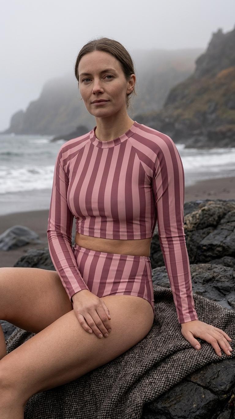 Mauve Vintage Stripes Fall Lakehouse Two-Piece Swimsuit, Retro Long-Sleeve Crop Rash-Guard Set