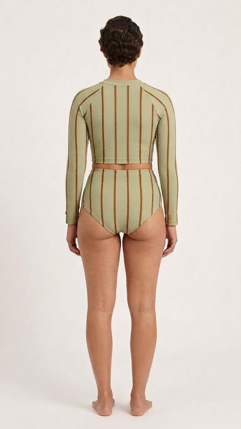 Green Vintage Stripes Fall Lakehouse Two-Piece Swimsuit, Retro Long-Sleeve Crop Rash-Guard Set