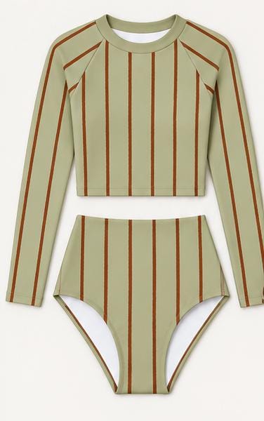 Green Vintage Stripes Fall Lakehouse Two-Piece Swimsuit, Retro Long-Sleeve Crop Rash-Guard Set
