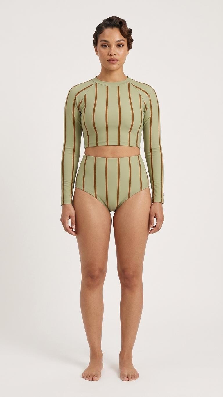 Green Vintage Stripes Fall Lakehouse Two-Piece Swimsuit, Retro Long-Sleeve Crop Rash-Guard Set