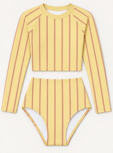Yellow Vintage Stripes Fall Lakehouse Two-Piece Swimsuit, Retro Long-Sleeve Crop Rash-Guard Set