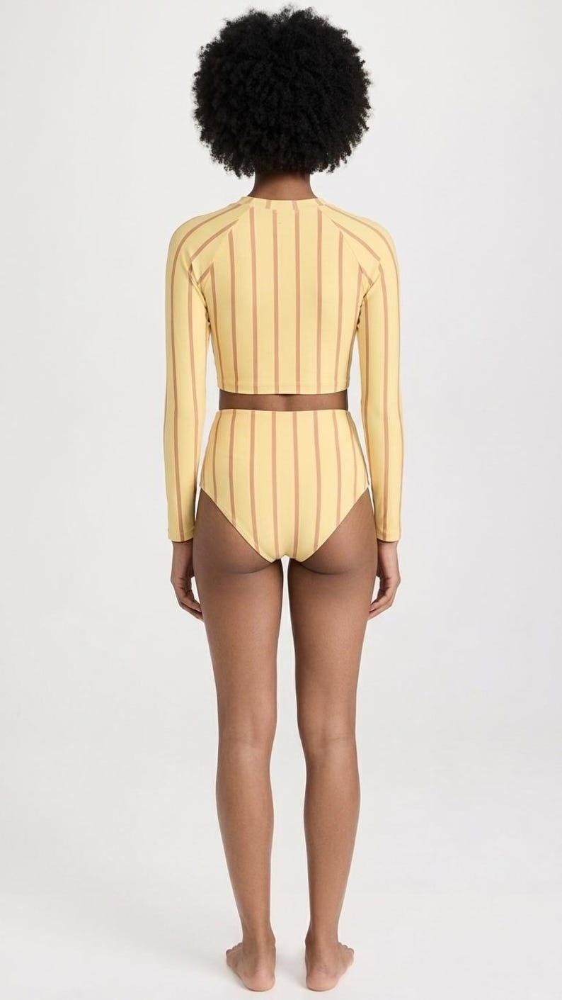 Yellow Vintage Stripes Fall Lakehouse Two-Piece Swimsuit, Retro Long-Sleeve Crop Rash-Guard Set