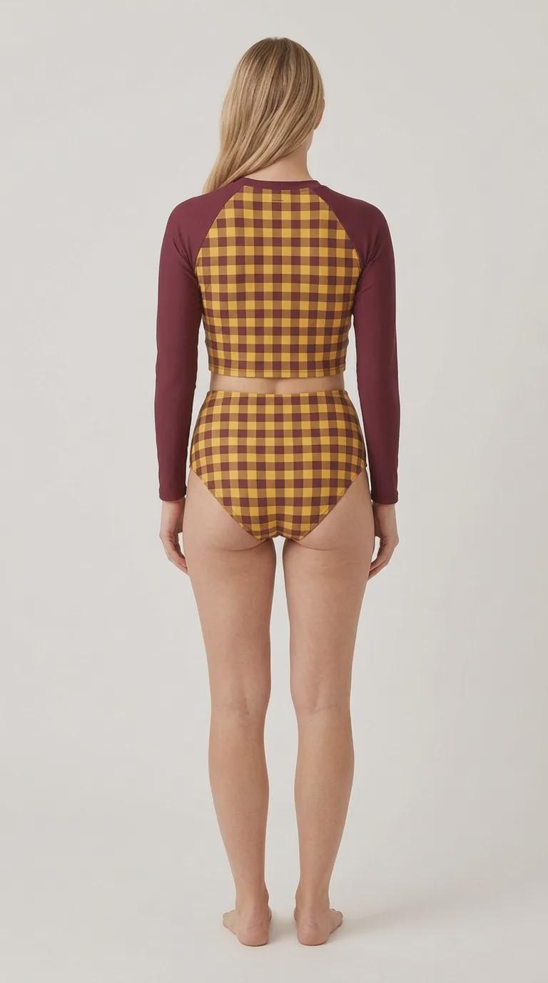 Wine & Yellow Vintage-Gingham Fall Lakehouse Two-Piece Swimsuit, Retro Long-Sleeve Crop Rash-Guard Set