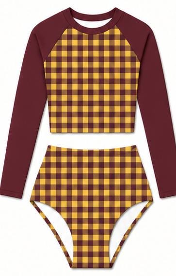 Wine & Yellow Vintage-Gingham Fall Lakehouse Two-Piece Swimsuit, Retro Long-Sleeve Crop Rash-Guard Set
